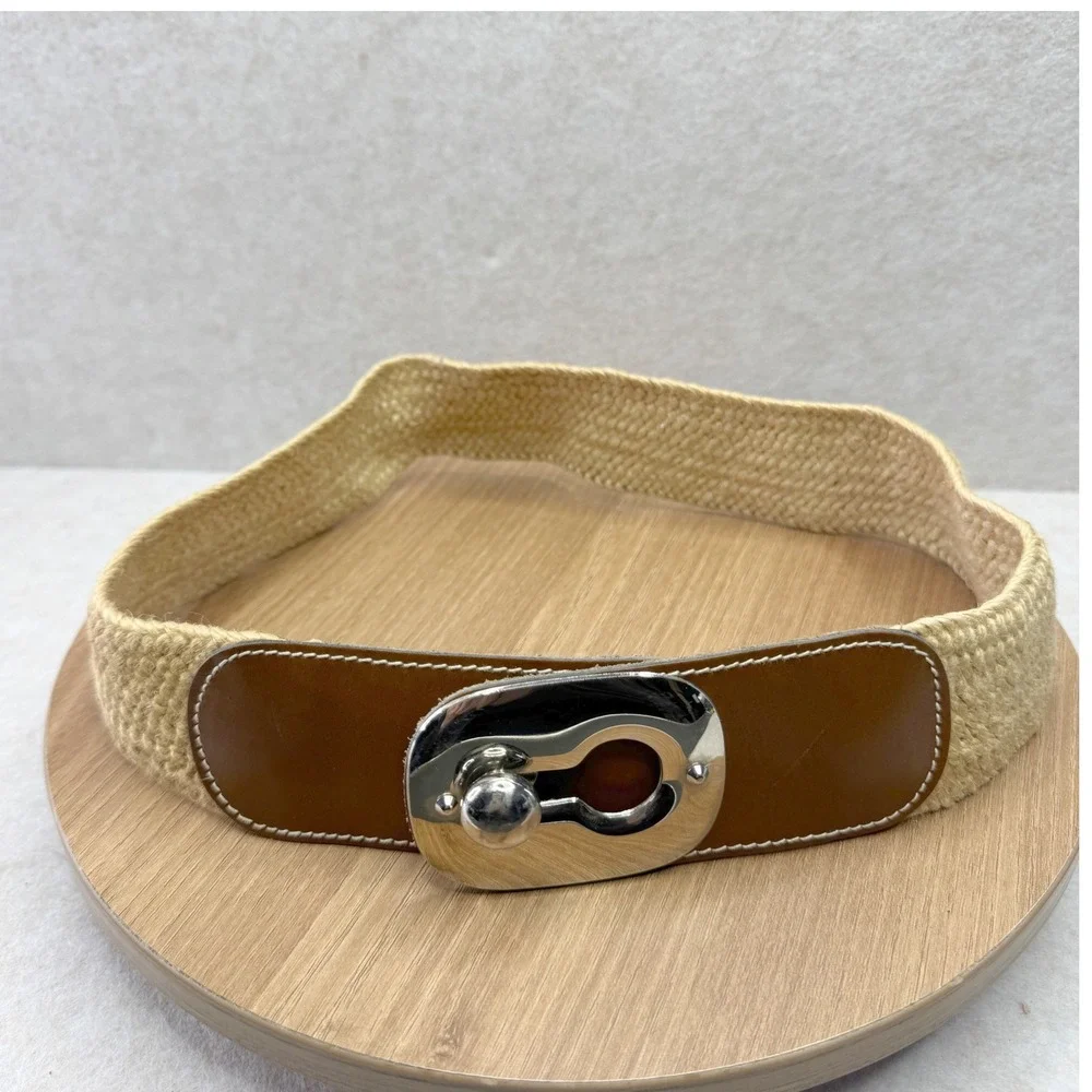 Woven Straw Leather Stretch Waist Belt Women Silver Buckle Accent Boho Chic